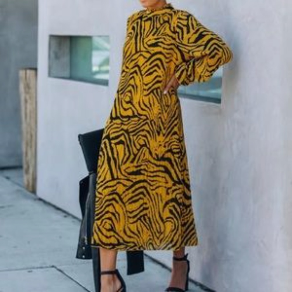 Animal print high neck pleated midi dress